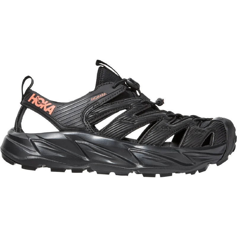 sandals for beach fun with kidsWomen's Hoka One One Hopara Black/Fusion Coral Synthetic