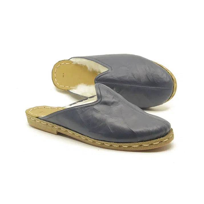 slippers with soft soles for comfortslippers for women with an elegant look -Sheepskin Furry Navy Blue Men's Slippers