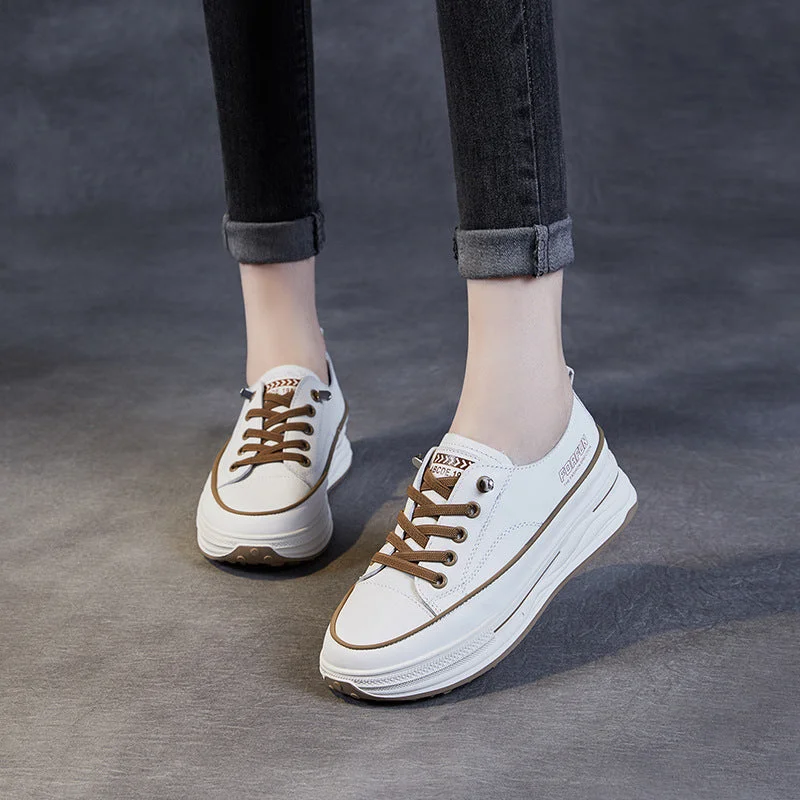 casual shoes for women with slip-resistant soleWomen Fashion Leather Thick Soled Skate Casual Shoes