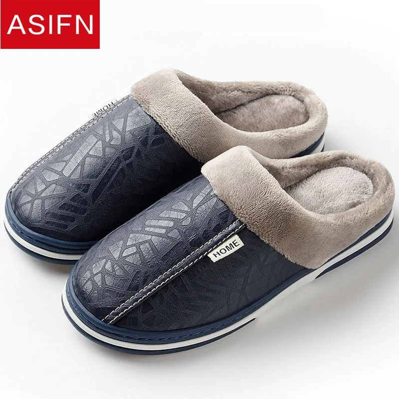 slippers with arch support for everyday wearslippers for men for indoor use only -ASIFN Men Slippers Indoor Leather Winter Waterproof Warm Home Fur Women Slipper Male Couple Platform Shoes Fluffy Big Sizes