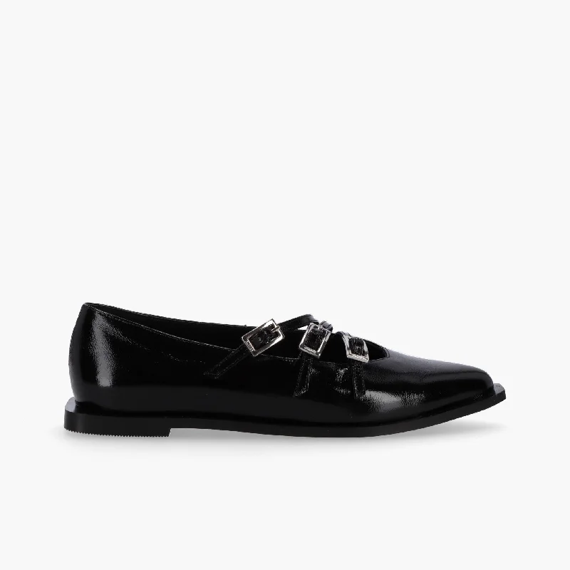 Flats with bold geometric shapes for a statement lookComfortable flats with a cushioned design for extra comfortJive Onix Black Leather Ballet Flats