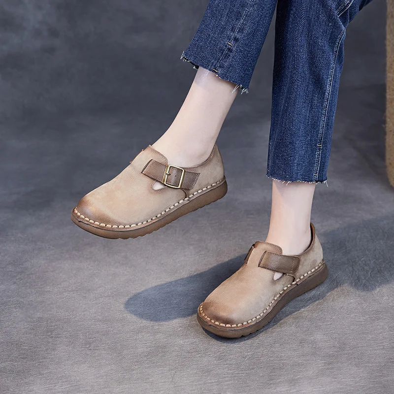 casual shoes for travel with lightweight constructionWomen Vintage Leather Buckle Flat Casual Shoes