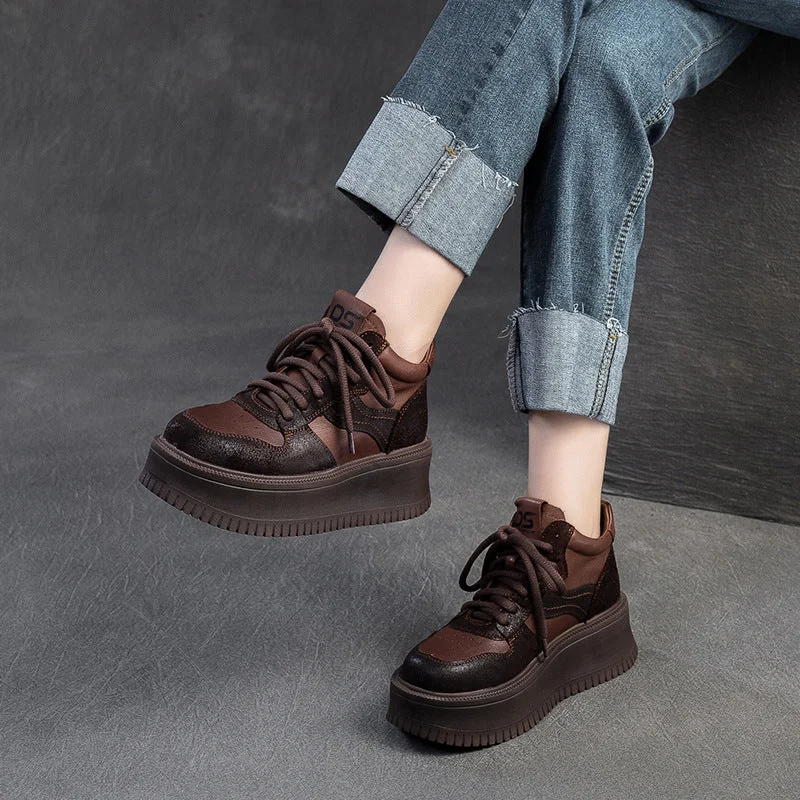 comfortable casual shoes with padded ankle collarWomen Vintage Leather Chunky Platform Casual Shoes