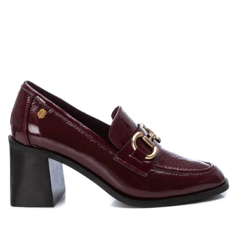 loafers for women with stretchy upper for snug fit-Carmela Collection Patent Leather Heeled Loafers In Burgundy