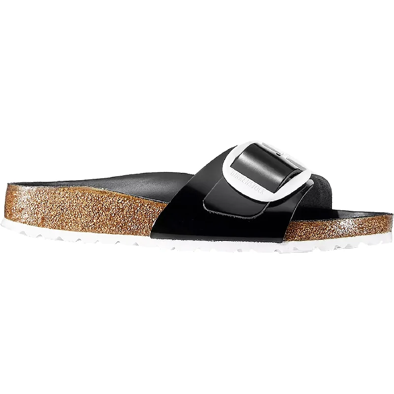 sandals for coastal walking tripsWomen's Birkenstock Madrid Big Buckle High Shine Black w/White Buckle Leather