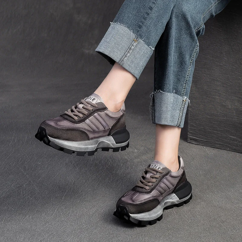 casual shoes for spring with breathable materialWomen Retro Patchwork Leather Thick Soled Casual Shoes