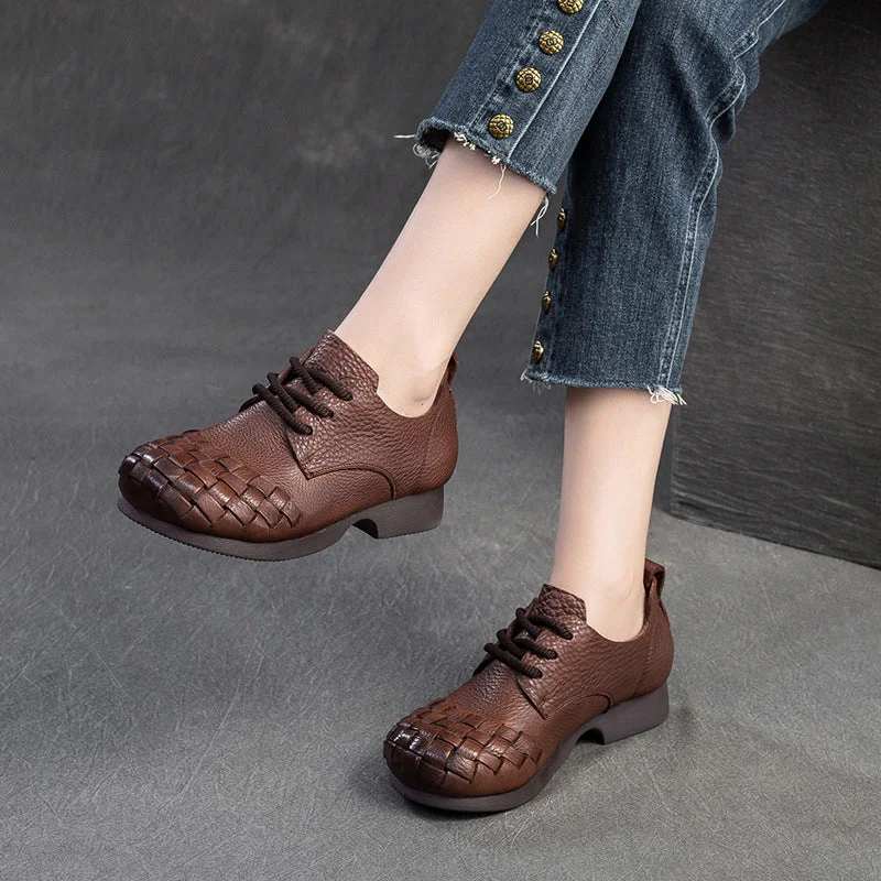 casual shoes with breathable fabric for moisture-wickingWomen Retro Soft Plaited Cowhide Casual Shoes