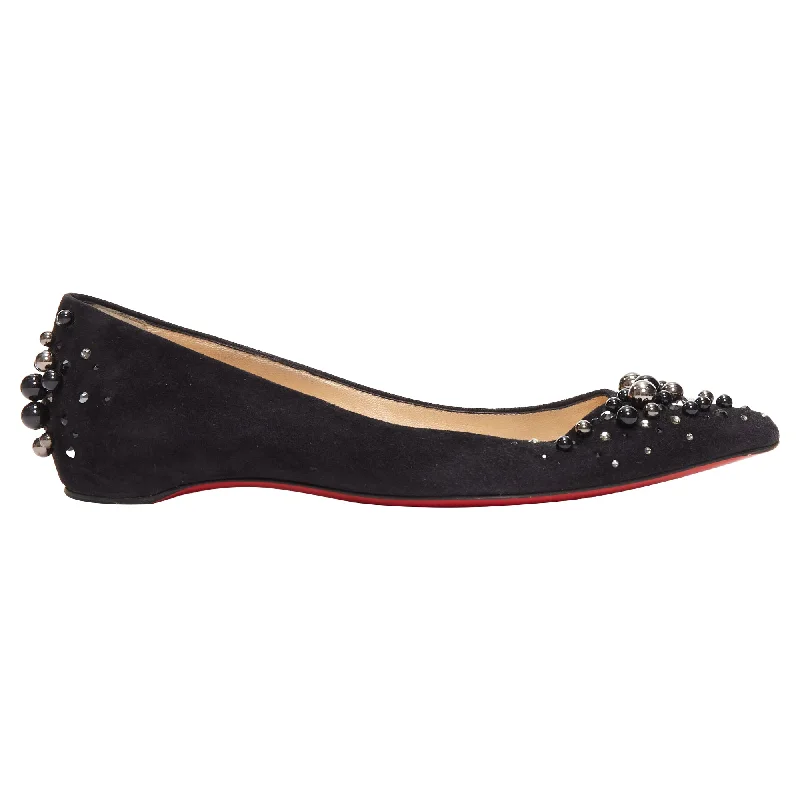 Comfortable flats with double cushioning for enhanced comfortStylish flats for a sophisticated touchChristian Louboutin Veau Velours Suede Beaded Embellished Flats