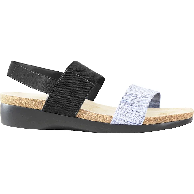 sandals for traveling to sunny beachesWomen's Munro Pisces Black Stretch Fabric/Blue Stripe Leather