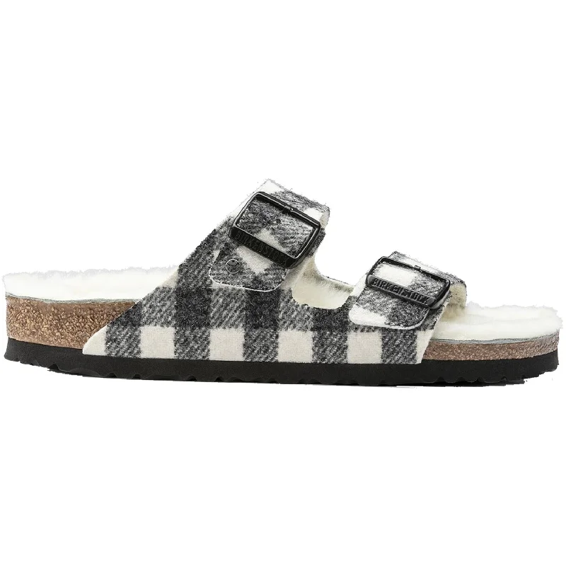 sandals for long sunny strollsWomen's Birkenstock Arizona Shearling Plaid White Natural Wool