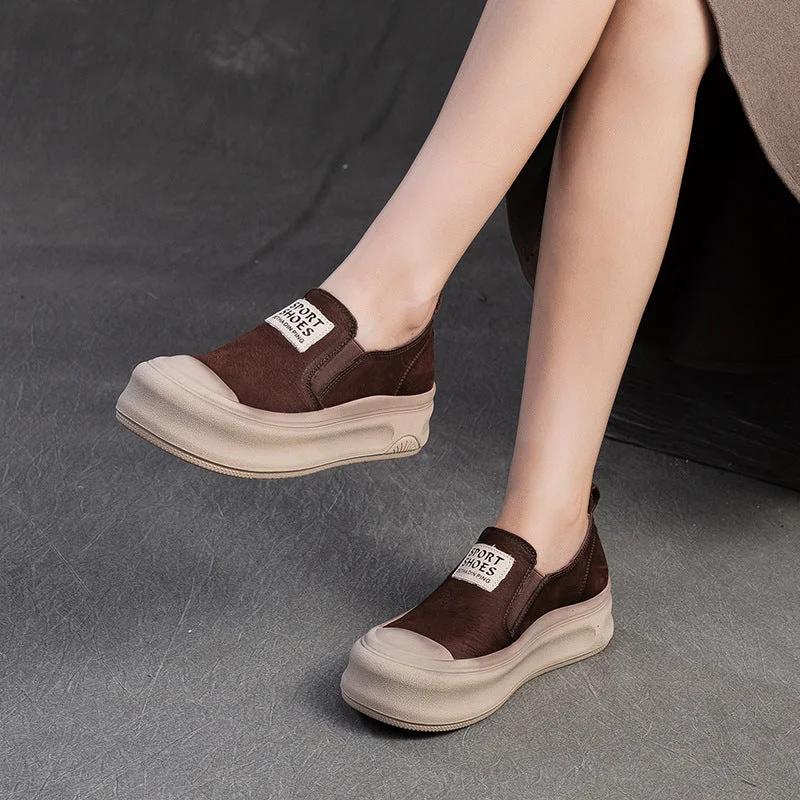 casual shoes with leather and fabric mix for unique lookWomen Retro Fashion Leather Thick Soled Casual Shoes