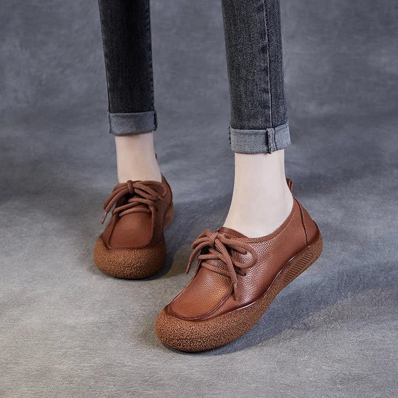 casual shoes with easy-to-wear elastic straps for comfortWomen Retro Leather Handmade Flat Casual Shoes