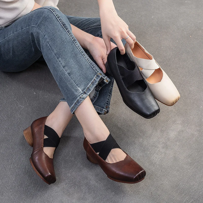 casual shoes with stretchy knit upper for a snug fitWomen Retro Leather Cross Strap Low Block Casual Shoes