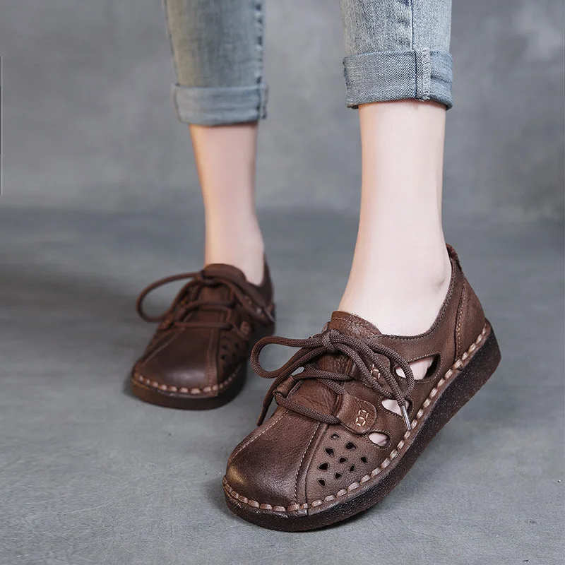 casual shoes with padded footbed for extra cushioningWomen Retro Hollow Leather Soft Flat Casual Shoes