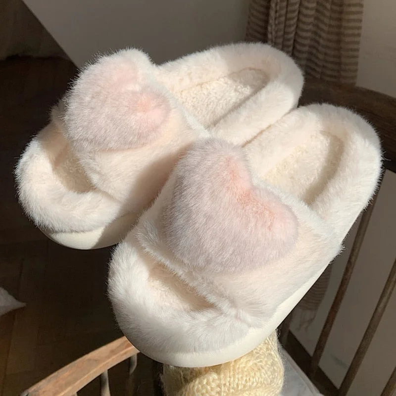 slippers for wearing after a long dayslippers with stylish designs for men -Heart Love Fluffy Fur Slippers Women