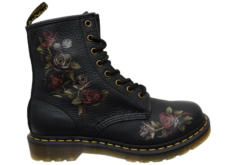 Statement boots with fur accents for a trendy lookDr Martens Womens 1460 8 Eye Decayed Roses Nappa Leather Boots