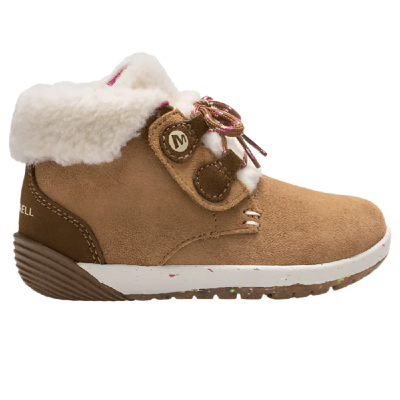 Boots with unique wedge heels for added height and stabilityMerrell Toddler Girls Bare Steps Boot 2.0 Chestnut Suede