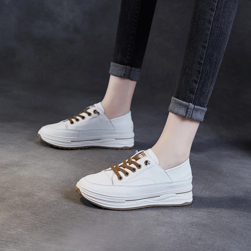 casual shoes with warm wool lining for cold weather wearWomen Fashion Leather Thick Soled Casual Shoes