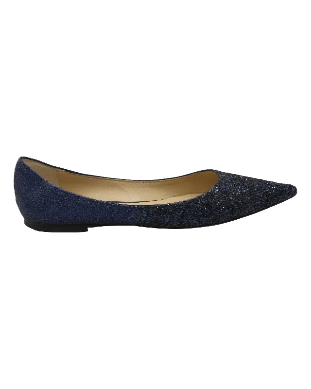 Stylish flats with patent finishes for a shiny, polished appearanceStylish flats for a polished, everyday outfitJimmy Choo Glitter Love Pointed Ballet Flats in Blue Leather