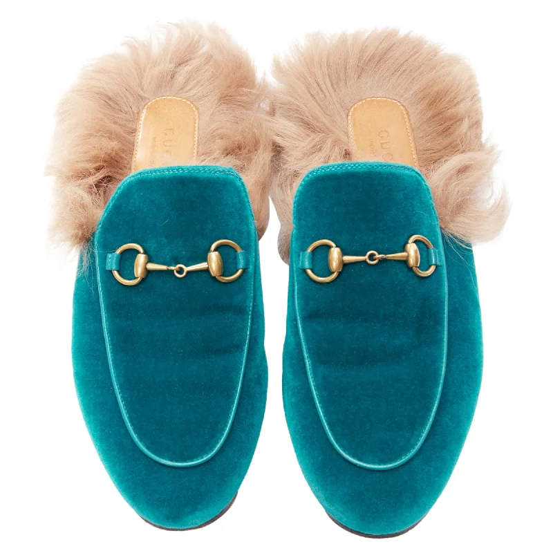 loafers for women with slip-on closure for easy wear-Gucci Princetown velvet horse bbuckle fur lined slide loafers