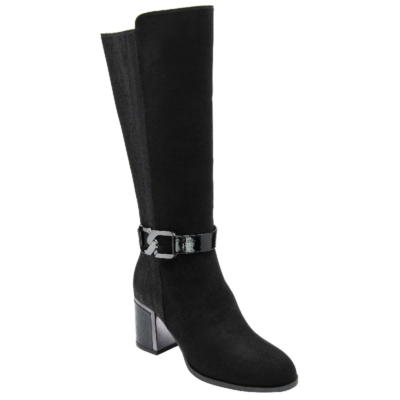 Fashionable boots with faux leather and bucklesLotus Elsa Ladies Black Textile Side Zip Mid-Calf Boots