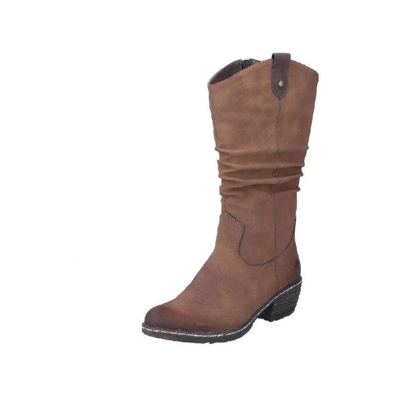 Warm boots with extra insulation for winter monthsRieker 93775-25 Ladies Brown Side Zip Mid-Calf Boots