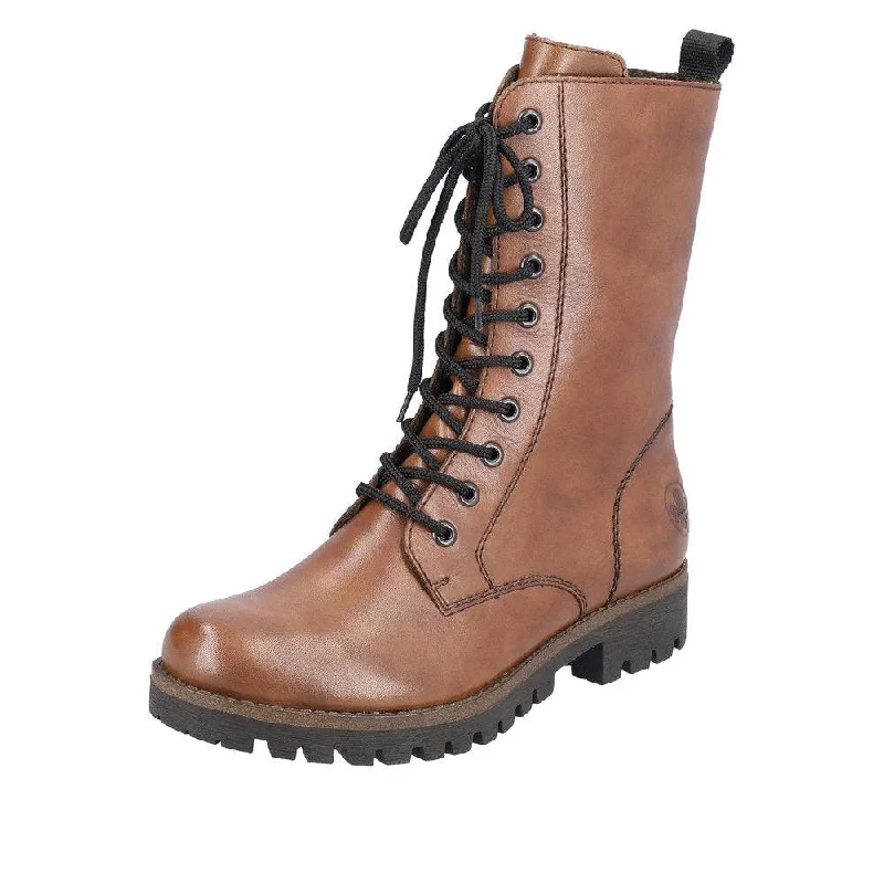 Comfortable boots with built-in arch support for all-day wearRieker 78544-25  Ladies Brown Leather Side Zip Mid-Calf Boots