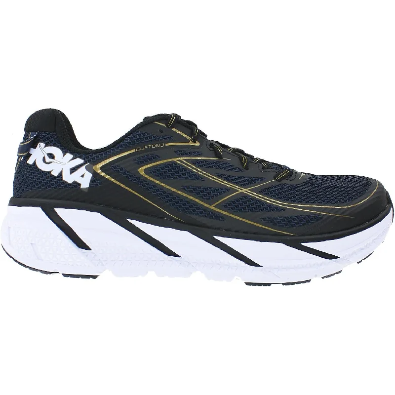 trail running shoes for rugged terrainMen's Hoka One One Clifton 3 Midnight Navy/Metallic Gold Mesh