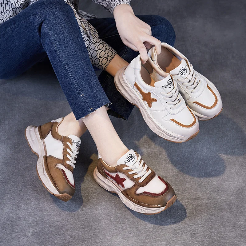 comfortable casual shoes with arch supportWomen Color Matching Leather Retro Casual Shoes