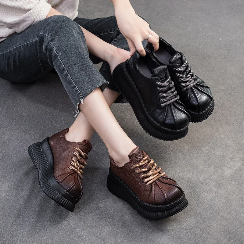 casual shoes for warm weather with perforated leatherWomen Retro Leather Soft Platform Casual Shoes