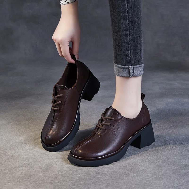 casual shoes for hiking with durable sole and toe guardWomen Retro Leather Chunky Heel Casual Shoes