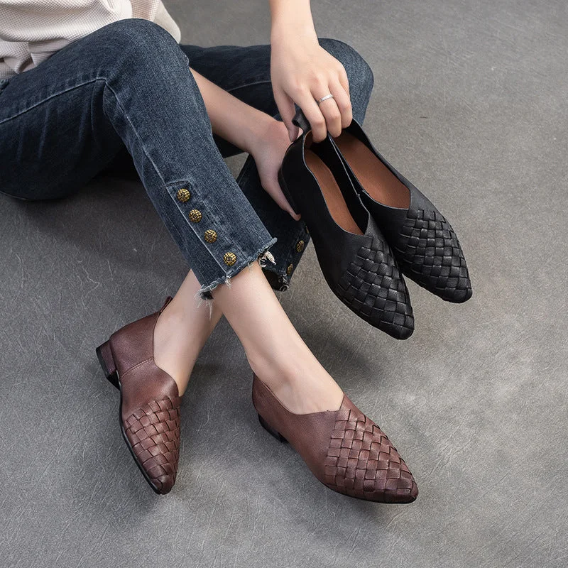 casual shoes with elasticized opening for easy wearWomen Retro Soft Plaited Leather Pointed-Toe Casual Shoes