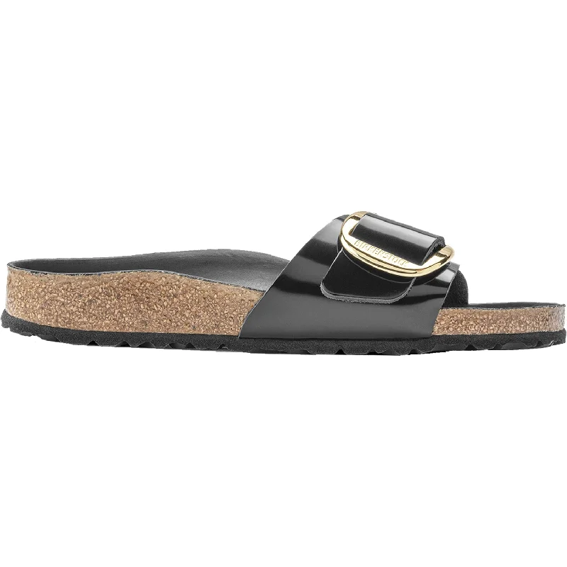 sandals for walking around coastal townsWomen's Birkenstock Madrid Big Buckle High Shine Black Leather