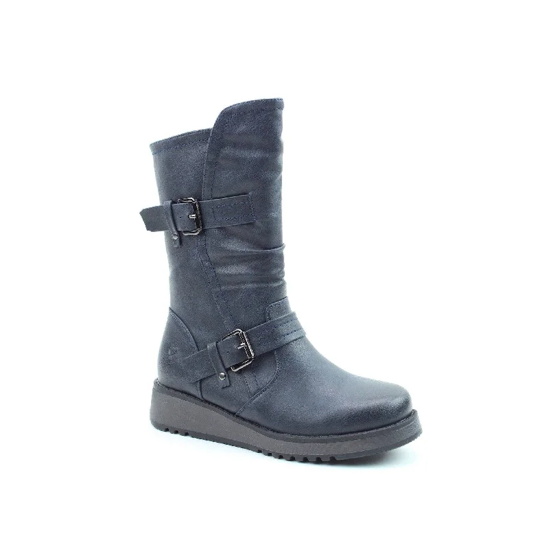 Boots with a cozy knit cuff for extra warmthHeavenly Feet Hannah 4 Ladies Navy Vegan Side Zip Mid-Calf Boots